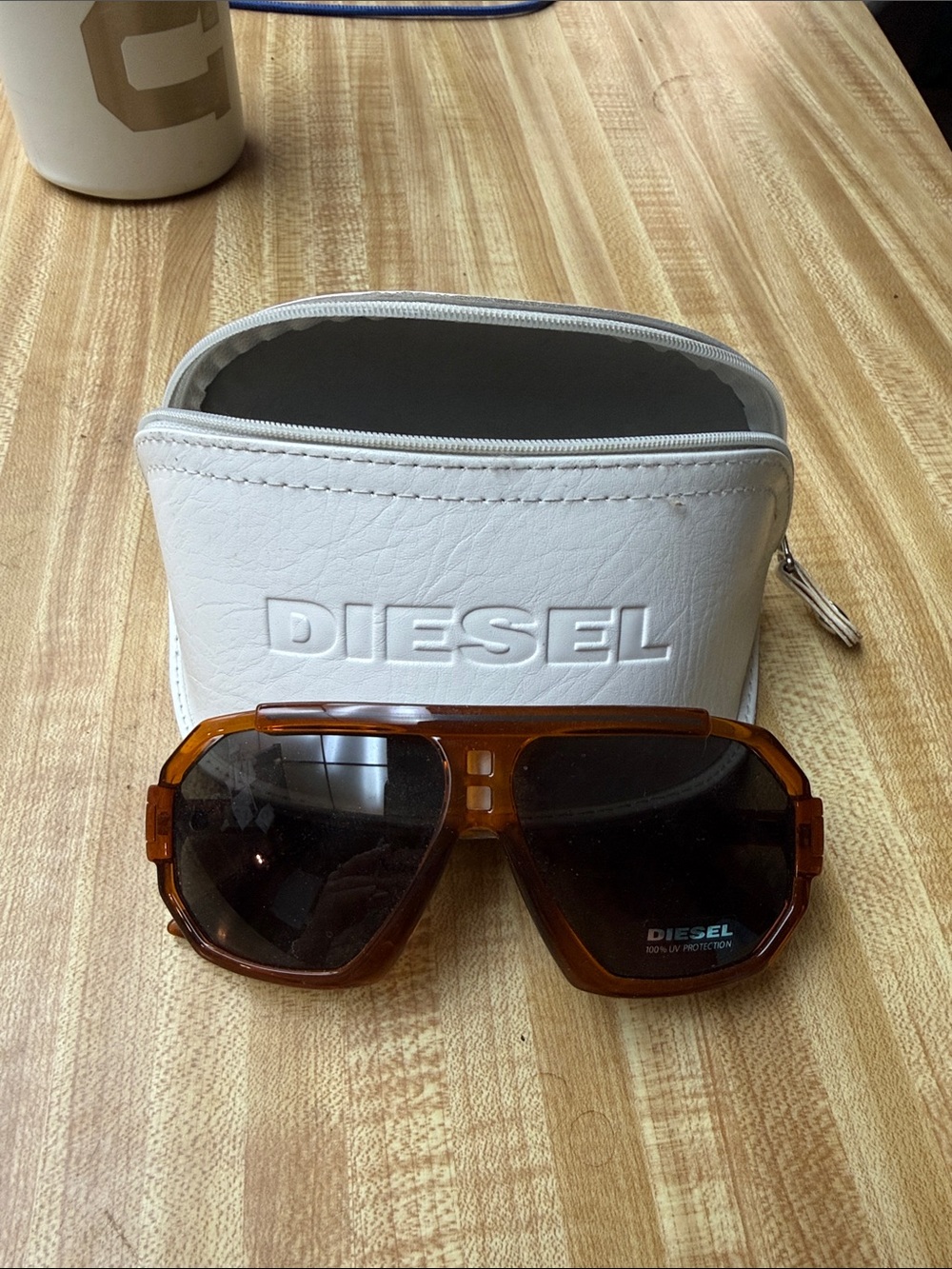 Diesel Amber Brown Shield Sunglasses with White Zip Case